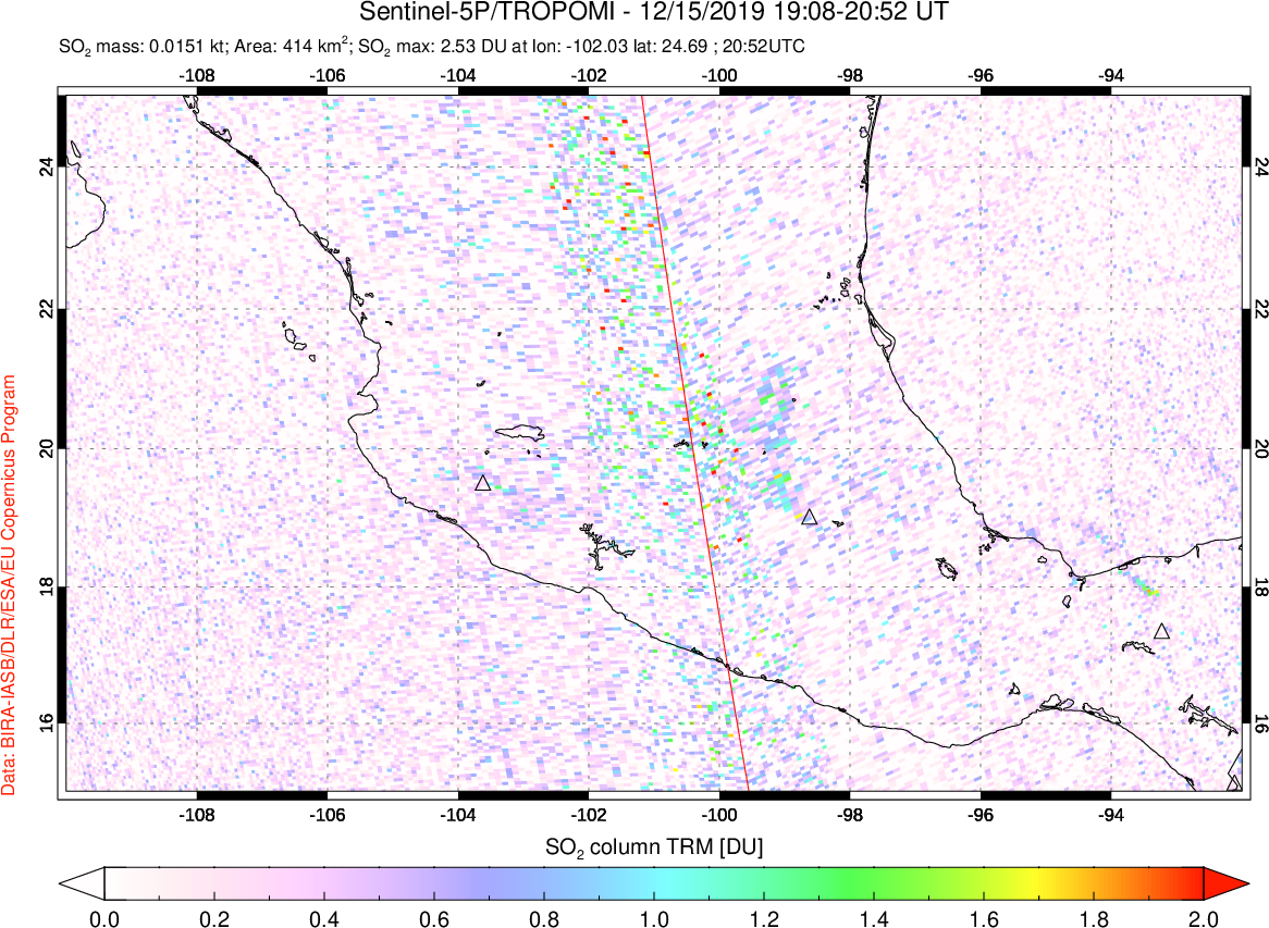 A sulfur dioxide image over Mexico on Dec 15, 2019.