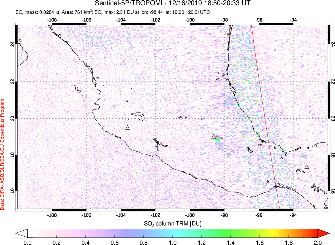 A sulfur dioxide image over Mexico on Dec 16, 2019.