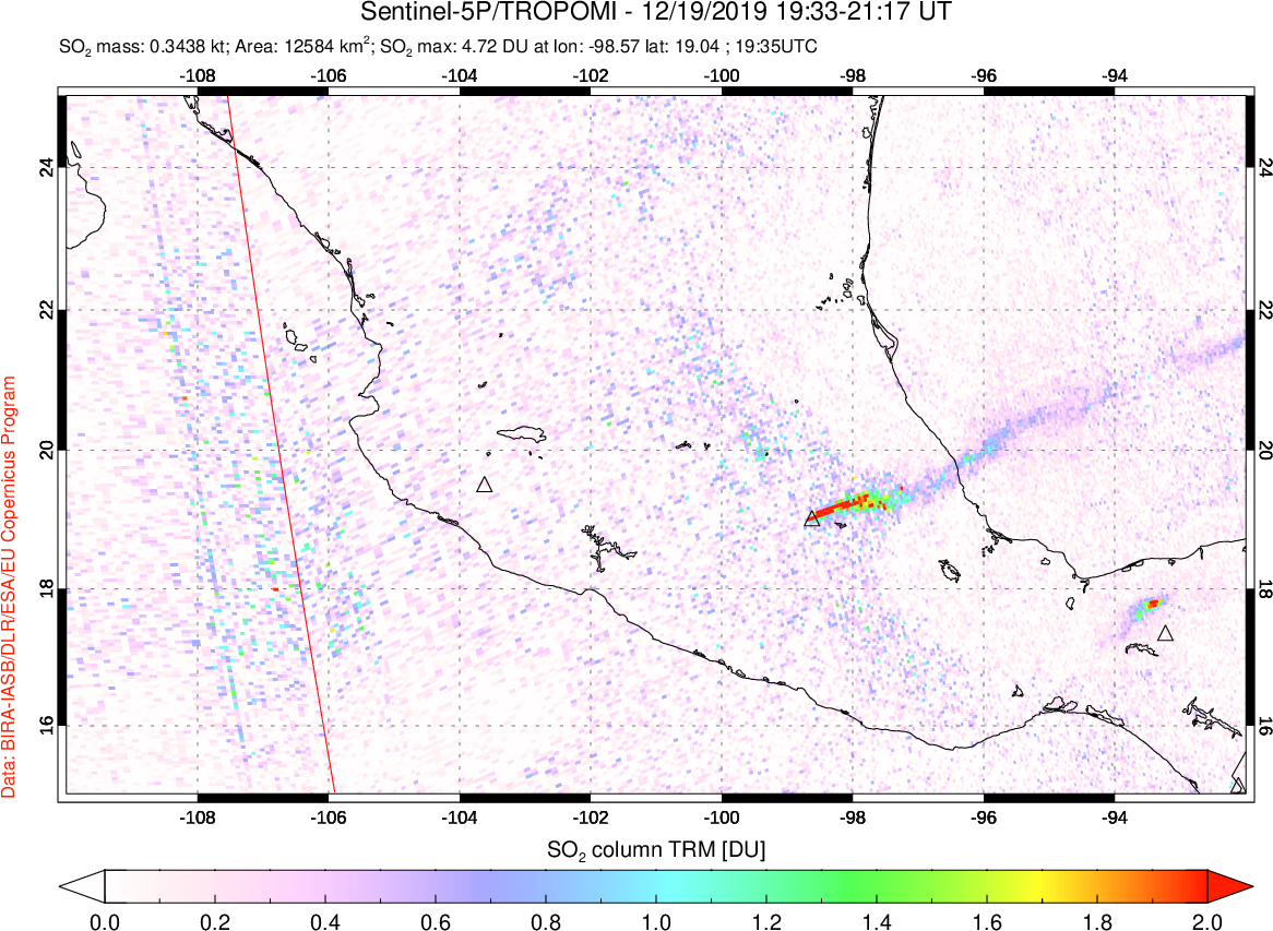 A sulfur dioxide image over Mexico on Dec 19, 2019.