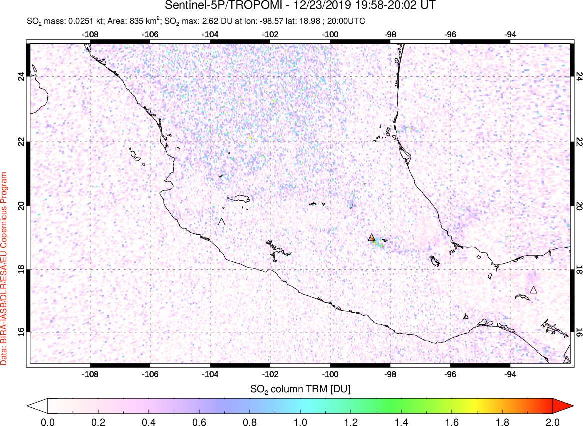 A sulfur dioxide image over Mexico on Dec 23, 2019.
