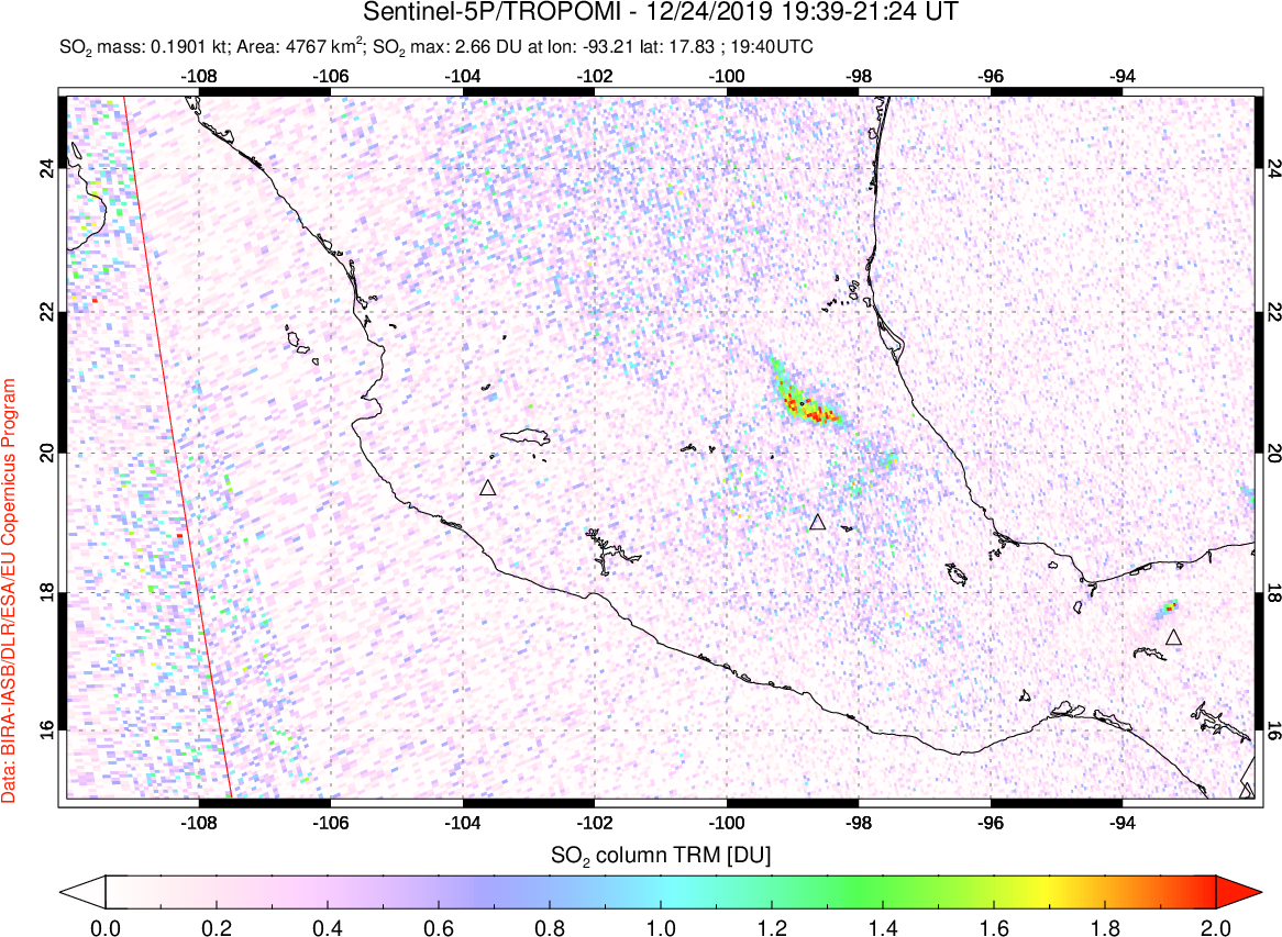 A sulfur dioxide image over Mexico on Dec 24, 2019.