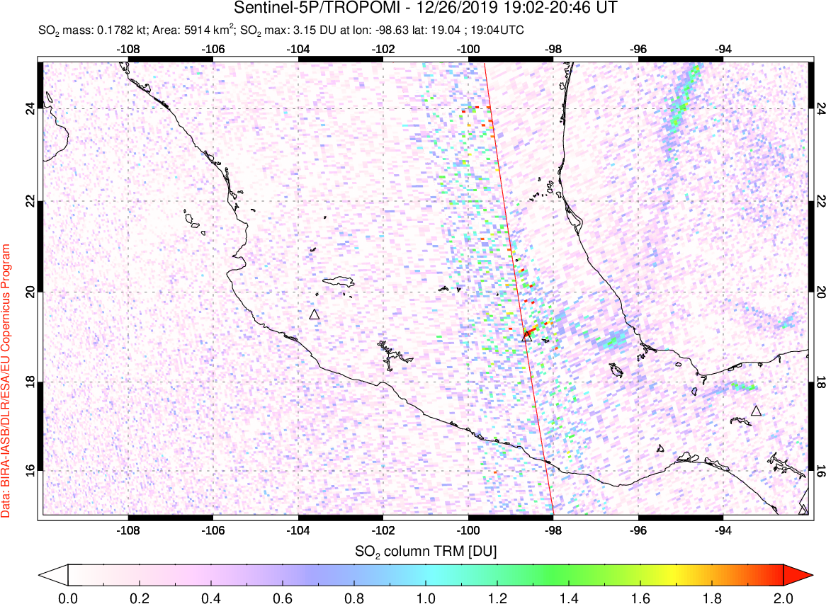A sulfur dioxide image over Mexico on Dec 26, 2019.