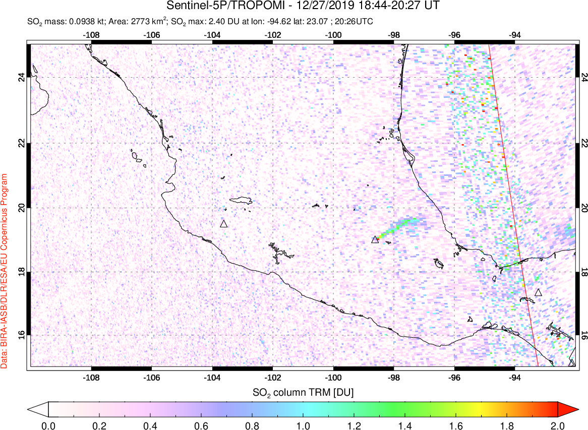 A sulfur dioxide image over Mexico on Dec 27, 2019.