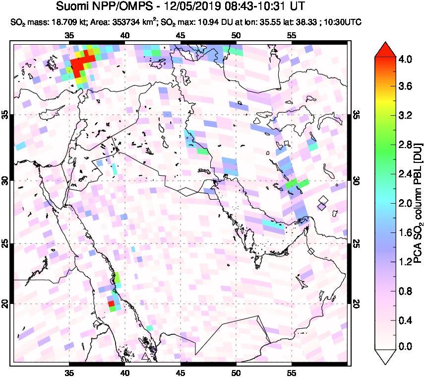 A sulfur dioxide image over Middle East on Dec 05, 2019.