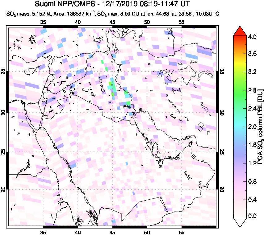 A sulfur dioxide image over Middle East on Dec 17, 2019.