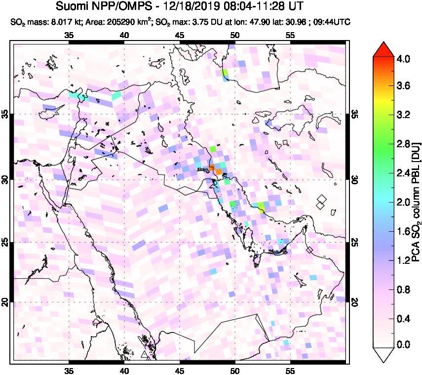 A sulfur dioxide image over Middle East on Dec 18, 2019.