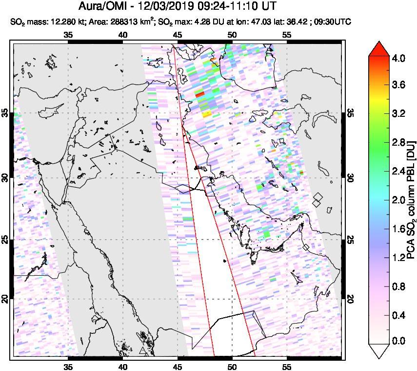 A sulfur dioxide image over Middle East on Dec 03, 2019.