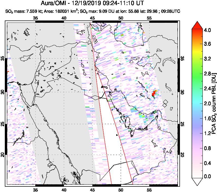 A sulfur dioxide image over Middle East on Dec 19, 2019.