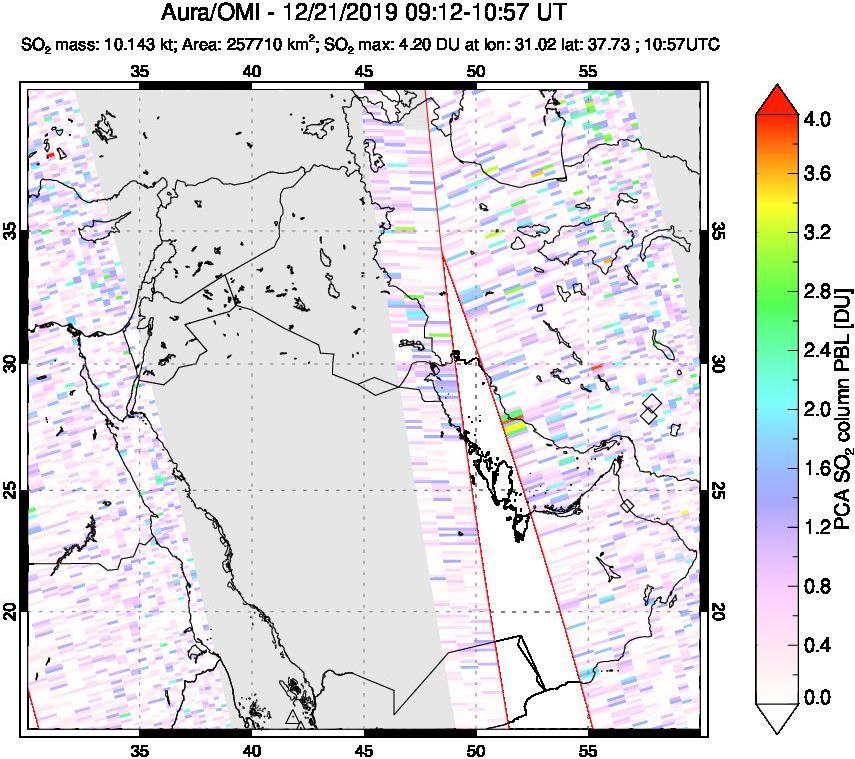 A sulfur dioxide image over Middle East on Dec 21, 2019.