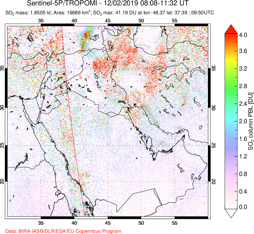 A sulfur dioxide image over Middle East on Dec 02, 2019.