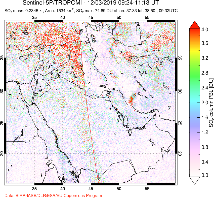 A sulfur dioxide image over Middle East on Dec 03, 2019.