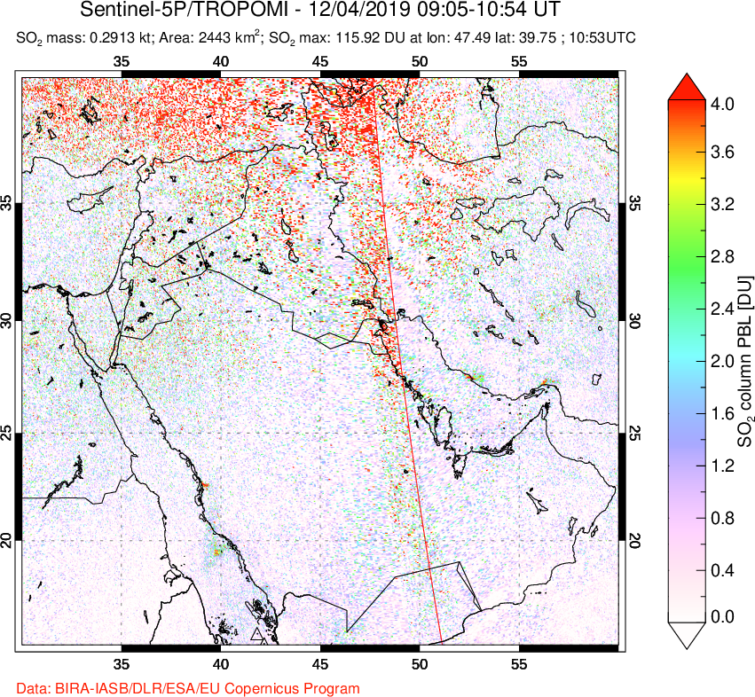 A sulfur dioxide image over Middle East on Dec 04, 2019.
