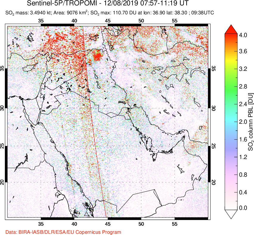 A sulfur dioxide image over Middle East on Dec 08, 2019.