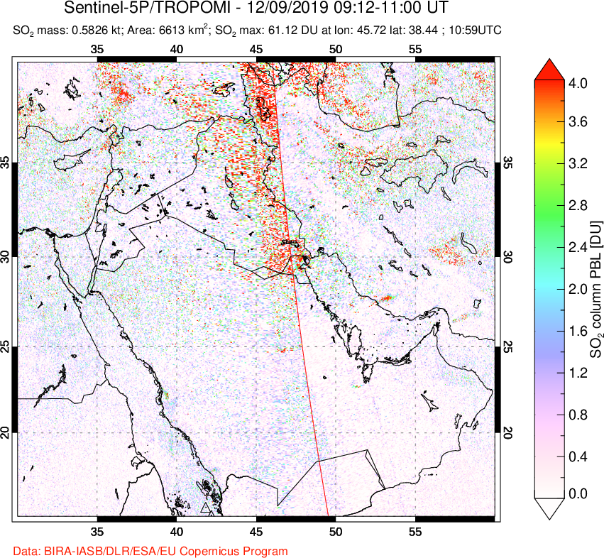 A sulfur dioxide image over Middle East on Dec 09, 2019.