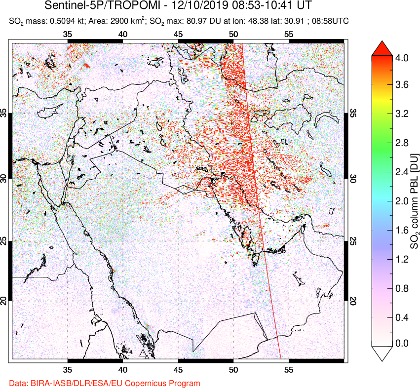 A sulfur dioxide image over Middle East on Dec 10, 2019.