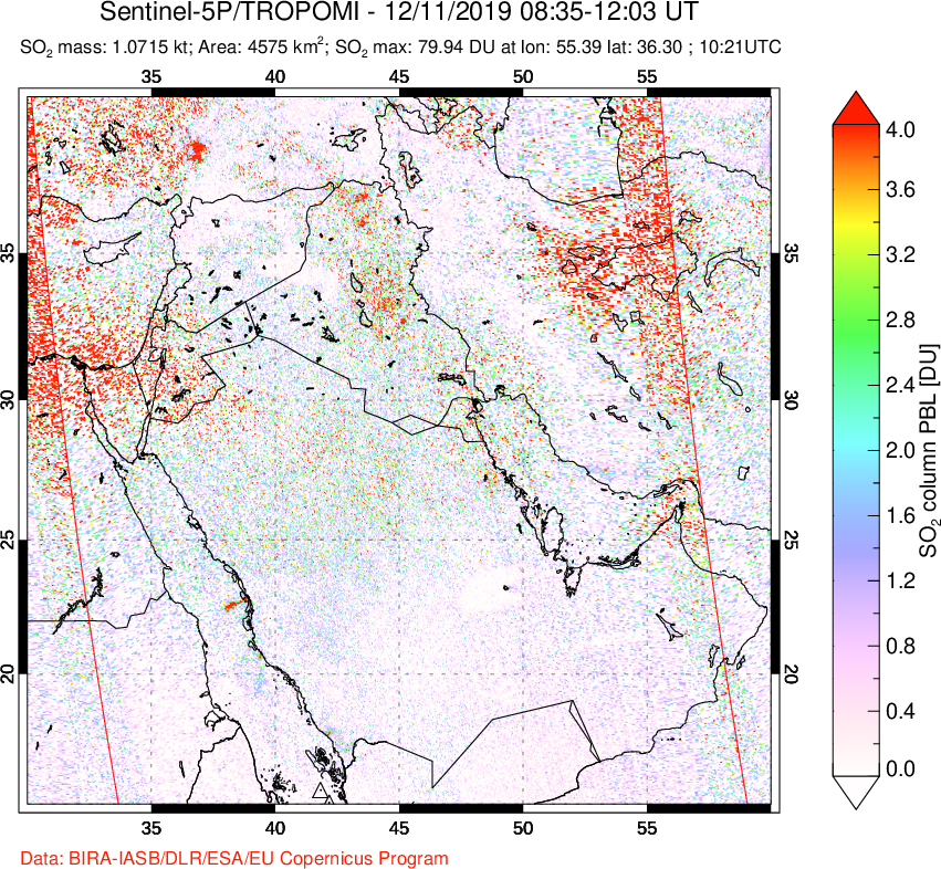 A sulfur dioxide image over Middle East on Dec 11, 2019.