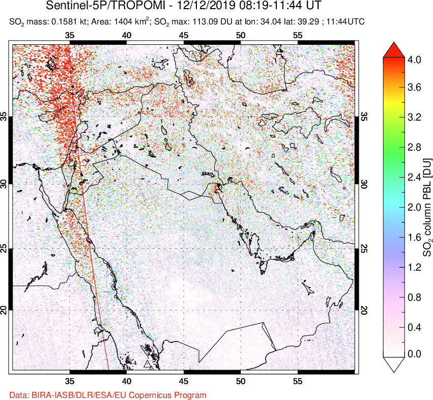 A sulfur dioxide image over Middle East on Dec 12, 2019.