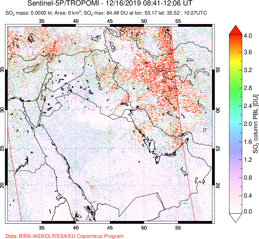 A sulfur dioxide image over Middle East on Dec 16, 2019.