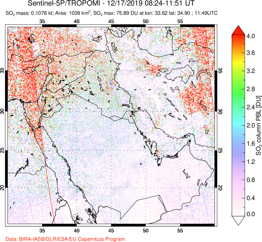A sulfur dioxide image over Middle East on Dec 17, 2019.