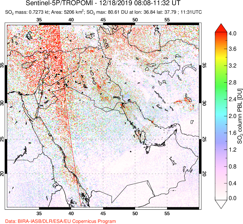 A sulfur dioxide image over Middle East on Dec 18, 2019.