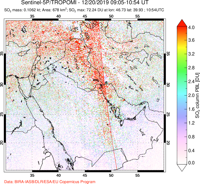 A sulfur dioxide image over Middle East on Dec 20, 2019.