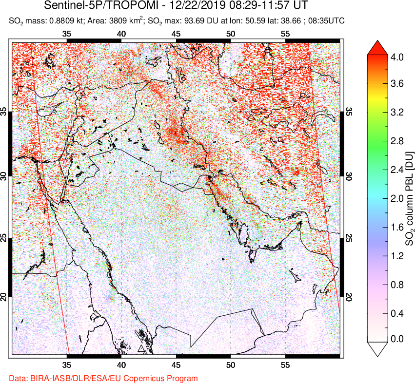 A sulfur dioxide image over Middle East on Dec 22, 2019.