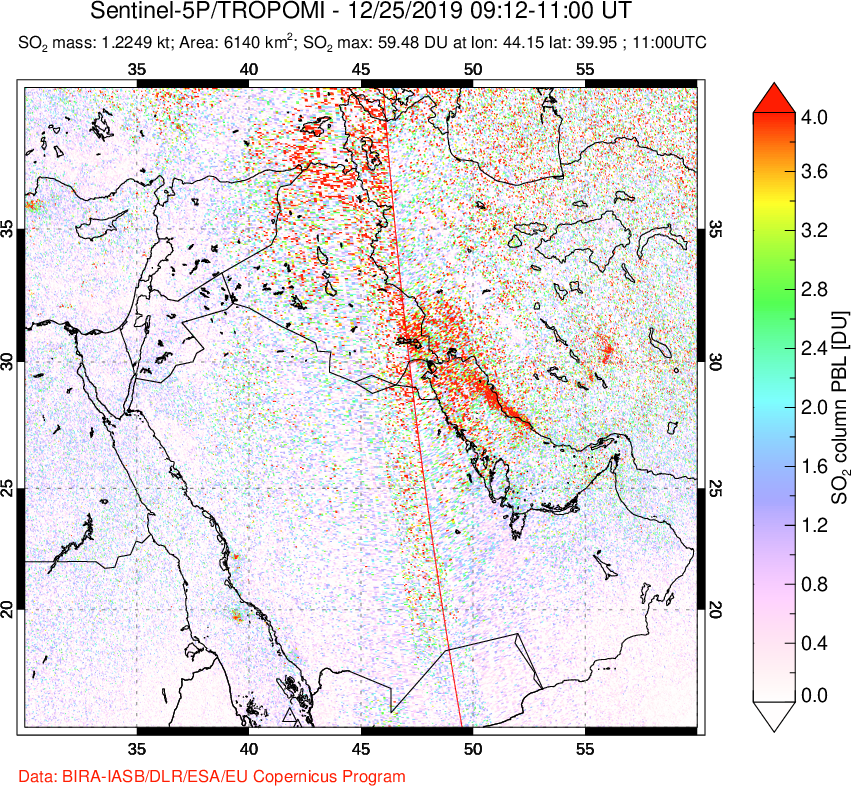 A sulfur dioxide image over Middle East on Dec 25, 2019.