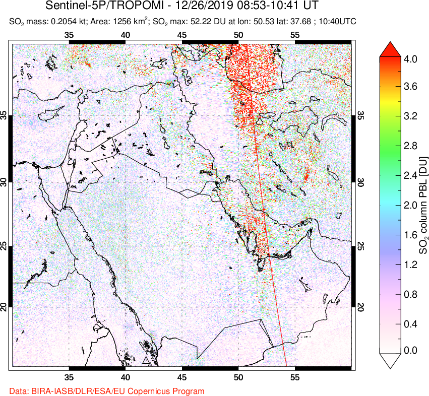 A sulfur dioxide image over Middle East on Dec 26, 2019.