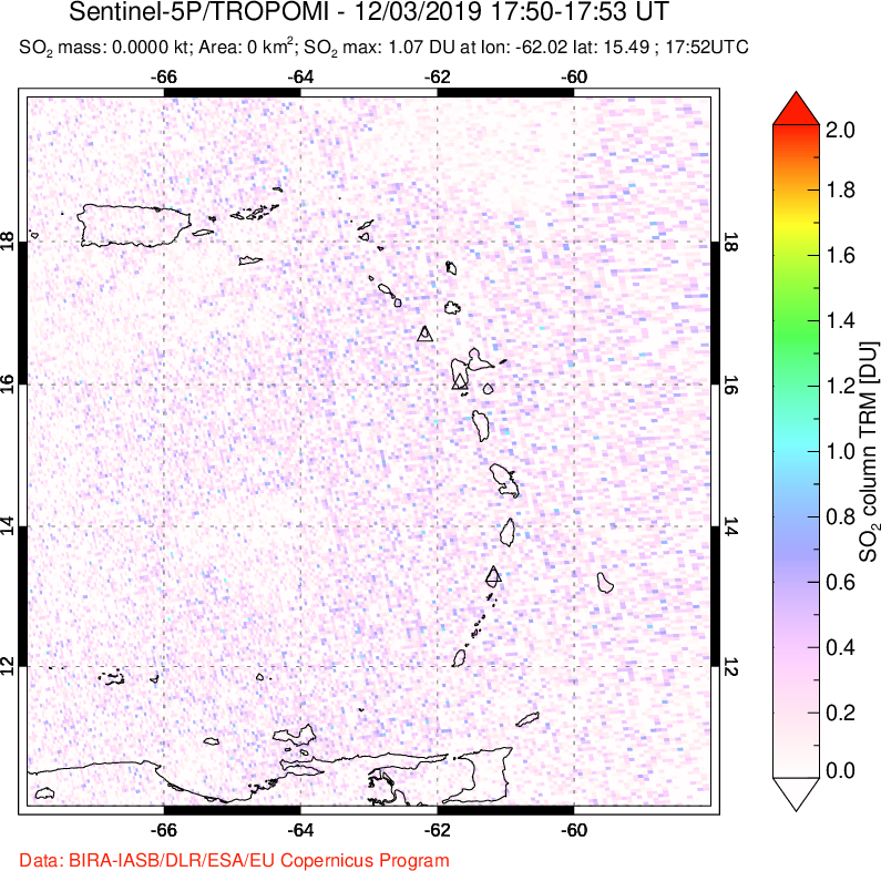 A sulfur dioxide image over Montserrat, West Indies on Dec 03, 2019.