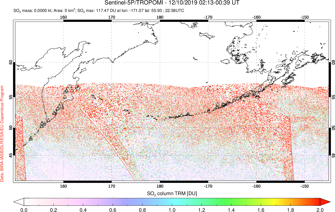 A sulfur dioxide image over North Pacific on Dec 10, 2019.