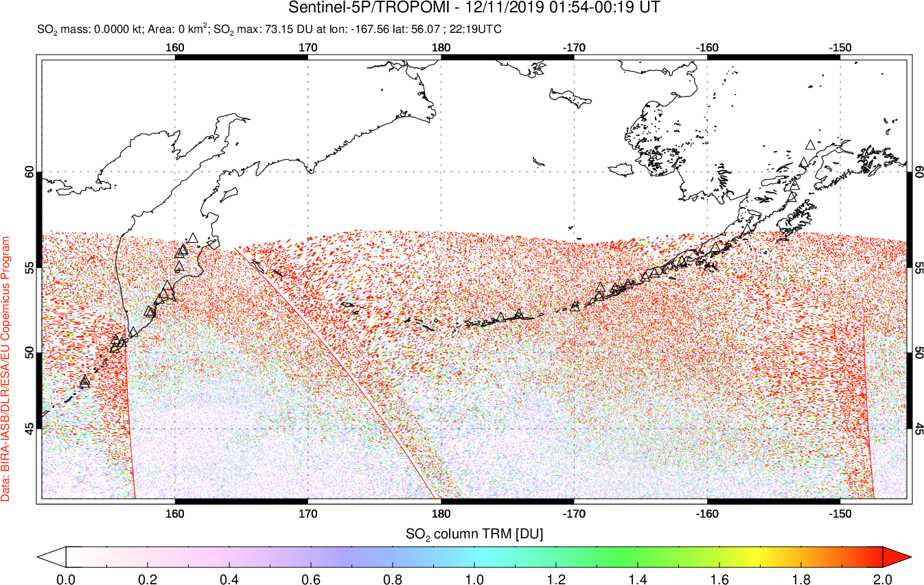 A sulfur dioxide image over North Pacific on Dec 11, 2019.