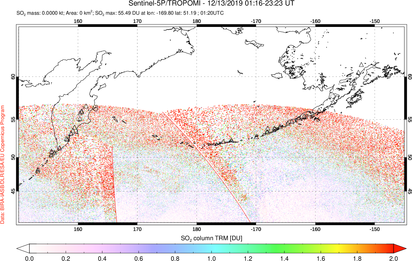 A sulfur dioxide image over North Pacific on Dec 13, 2019.