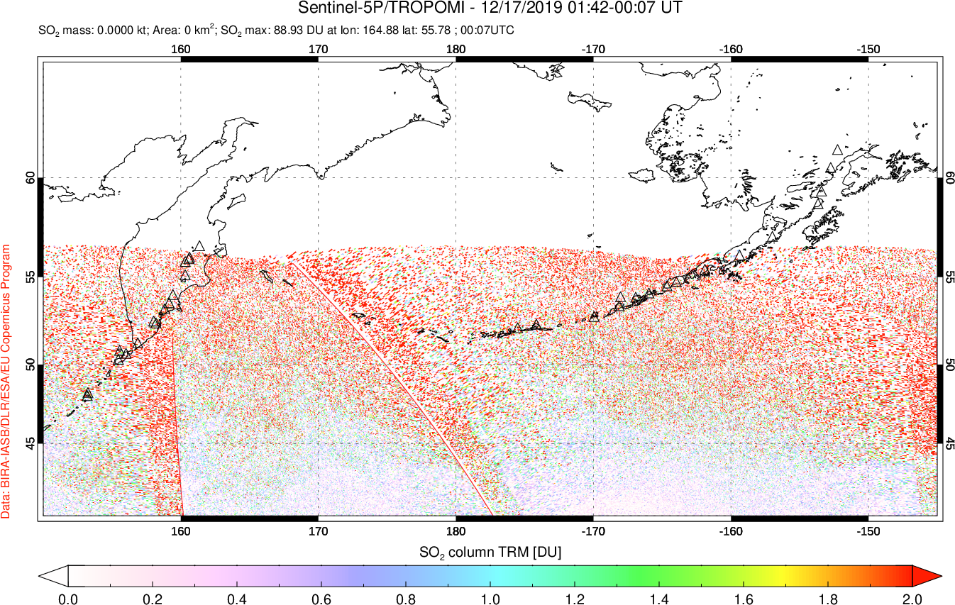 A sulfur dioxide image over North Pacific on Dec 17, 2019.