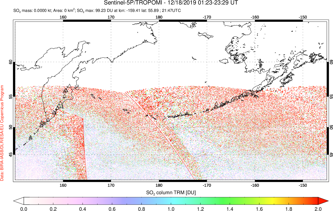 A sulfur dioxide image over North Pacific on Dec 18, 2019.