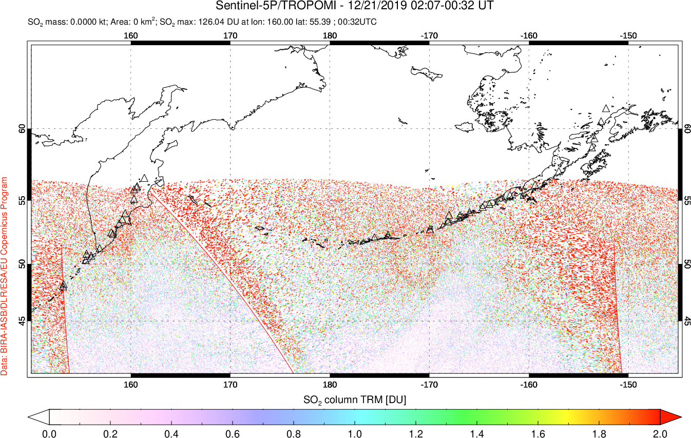 A sulfur dioxide image over North Pacific on Dec 21, 2019.