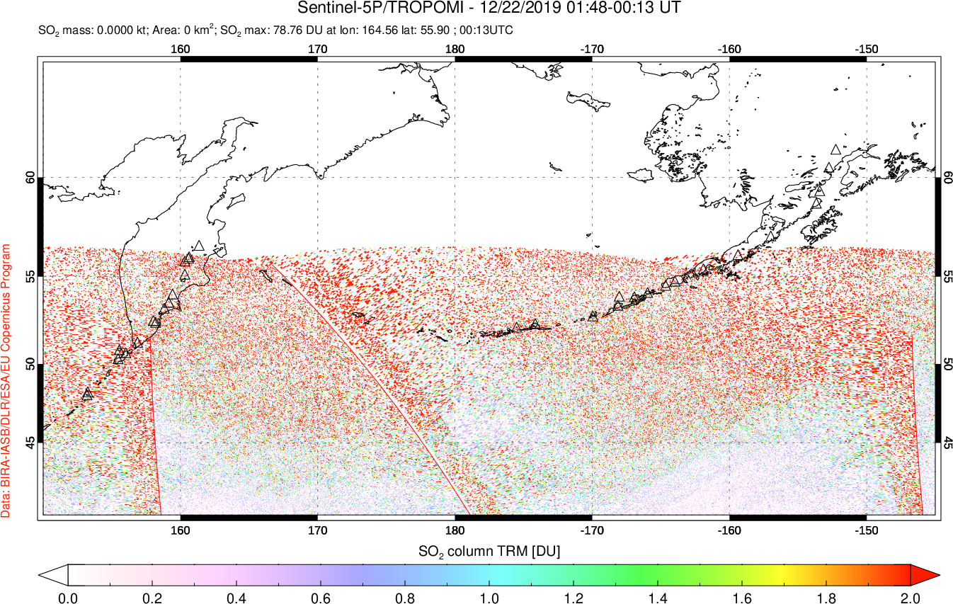 A sulfur dioxide image over North Pacific on Dec 22, 2019.