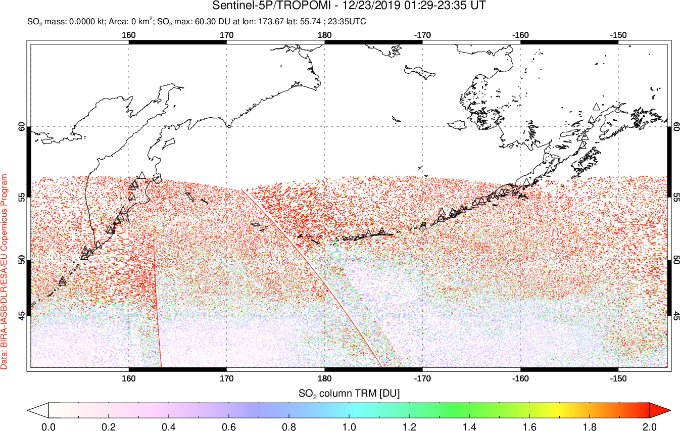A sulfur dioxide image over North Pacific on Dec 23, 2019.