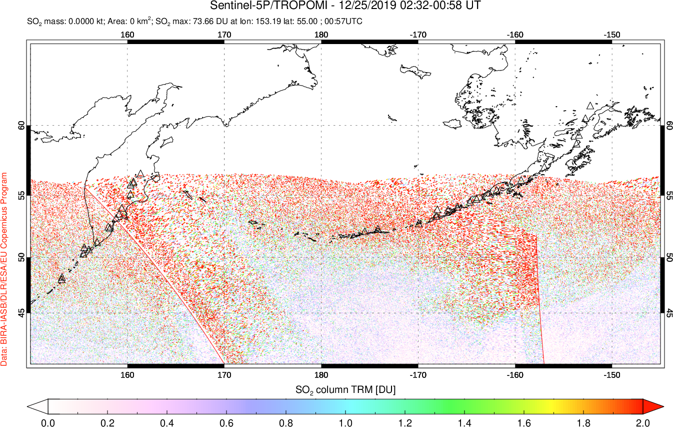 A sulfur dioxide image over North Pacific on Dec 25, 2019.
