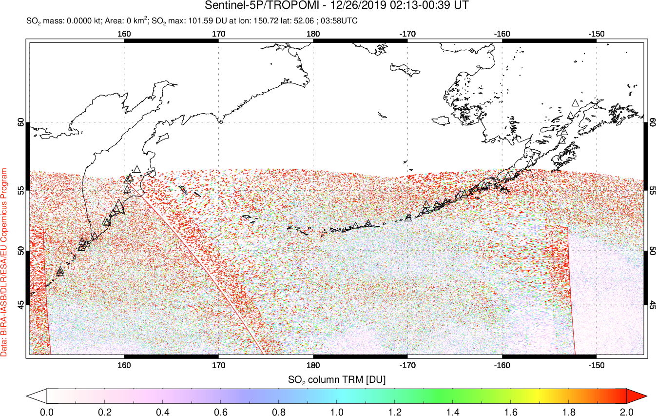 A sulfur dioxide image over North Pacific on Dec 26, 2019.