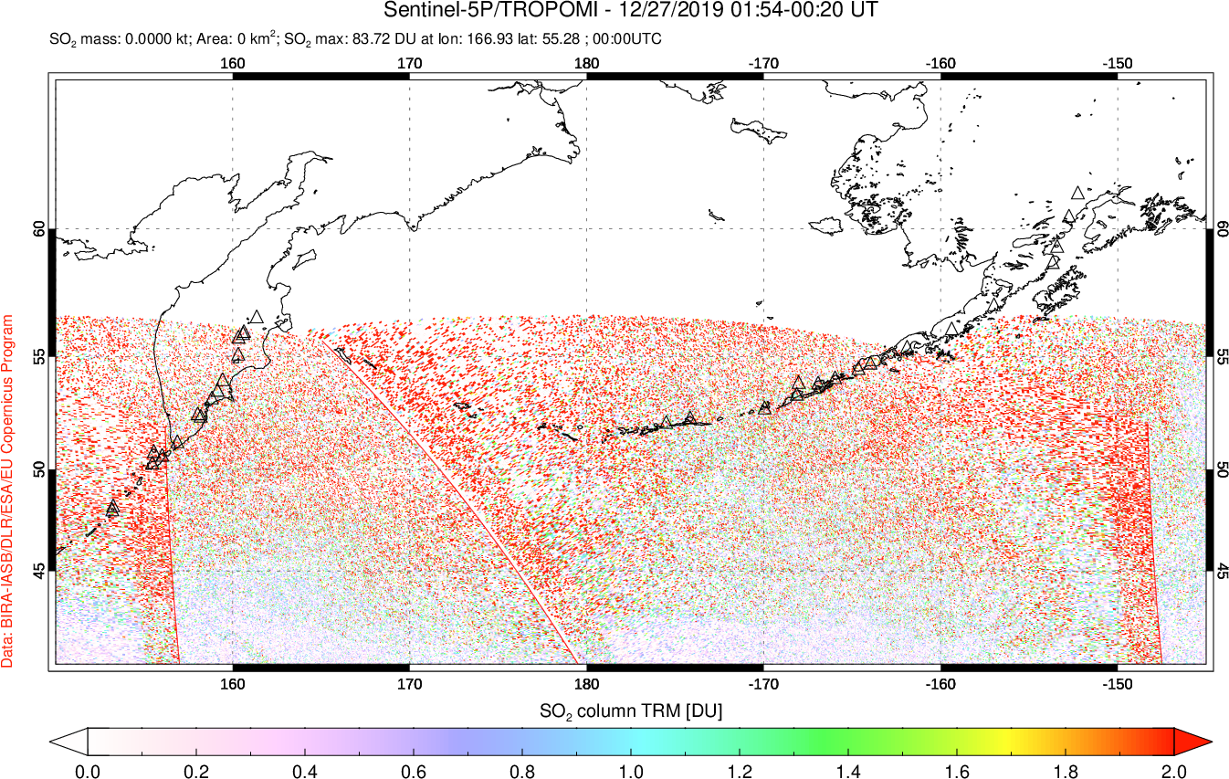 A sulfur dioxide image over North Pacific on Dec 27, 2019.
