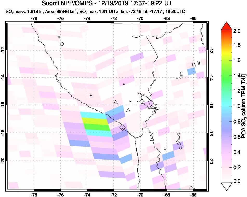 A sulfur dioxide image over Peru on Dec 19, 2019.