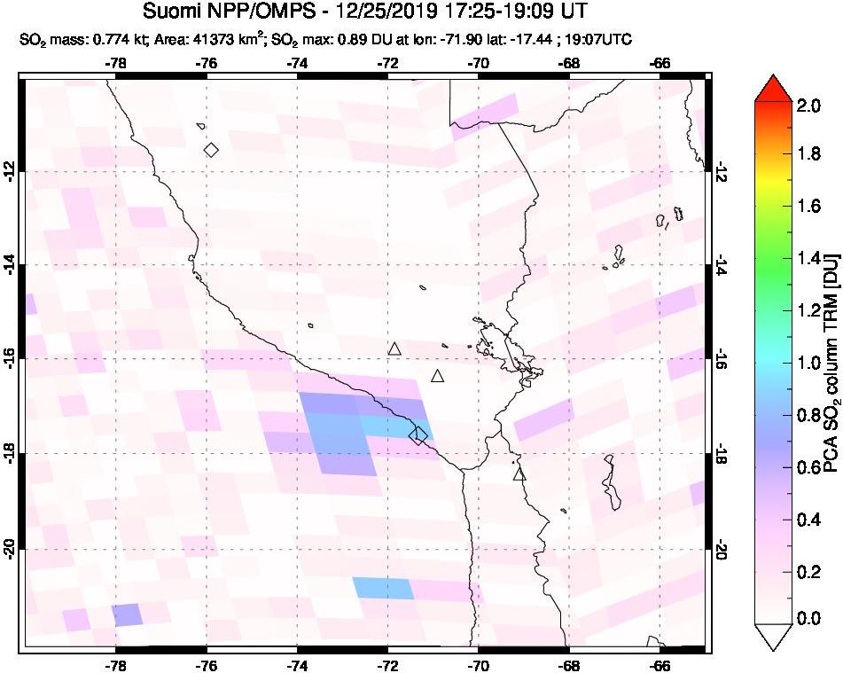 A sulfur dioxide image over Peru on Dec 25, 2019.