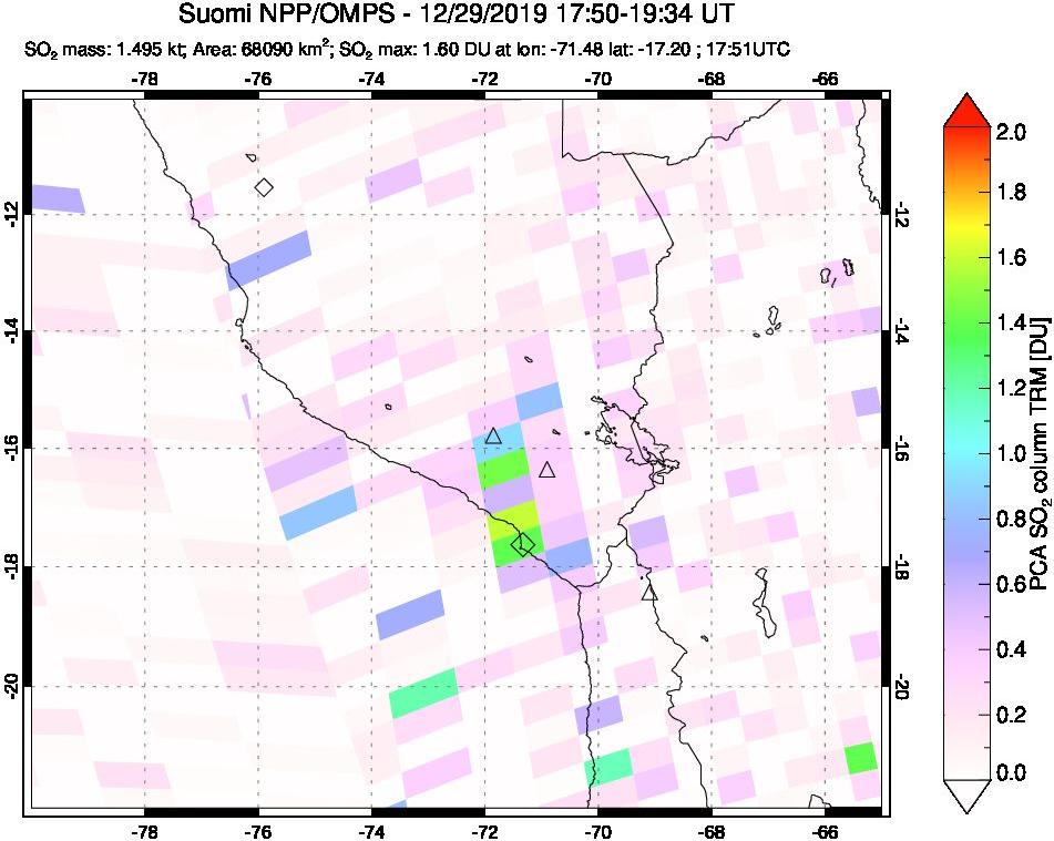 A sulfur dioxide image over Peru on Dec 29, 2019.