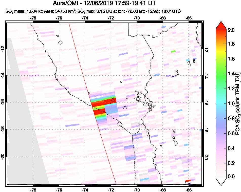 A sulfur dioxide image over Peru on Dec 06, 2019.