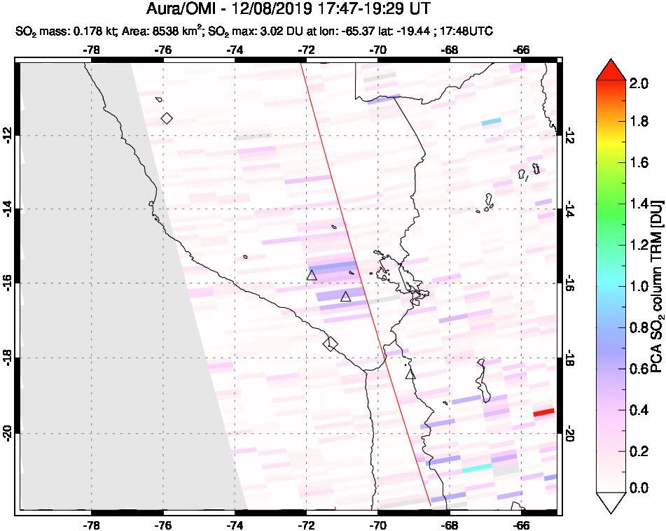 A sulfur dioxide image over Peru on Dec 08, 2019.