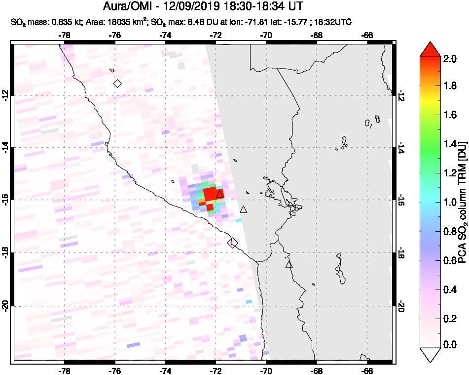 A sulfur dioxide image over Peru on Dec 09, 2019.