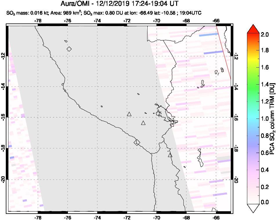 A sulfur dioxide image over Peru on Dec 12, 2019.