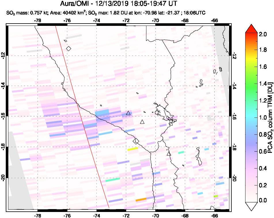 A sulfur dioxide image over Peru on Dec 13, 2019.