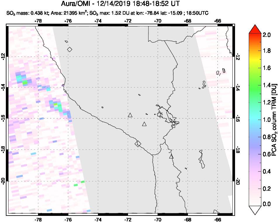 A sulfur dioxide image over Peru on Dec 14, 2019.