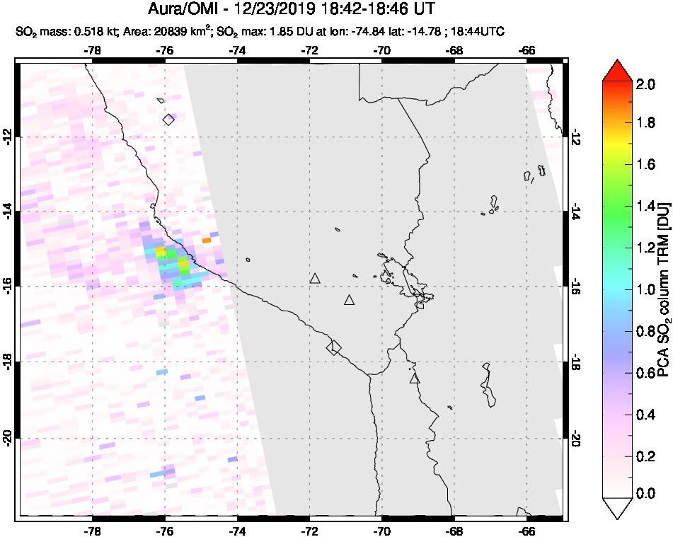A sulfur dioxide image over Peru on Dec 23, 2019.
